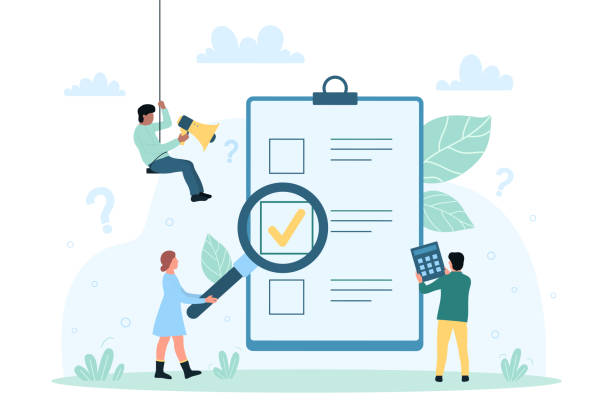Online survey, test form with checklist and result vector illustration. Cartoon tiny people looking through loupe on approved document with checkbox
