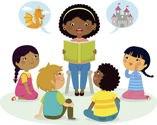a teacher reading a book to kids seated in a circle